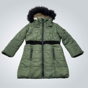 Hudson Girl’s Puffer Insulated Long Winter Green Coat Faux Fur Hoodie Lining S/7